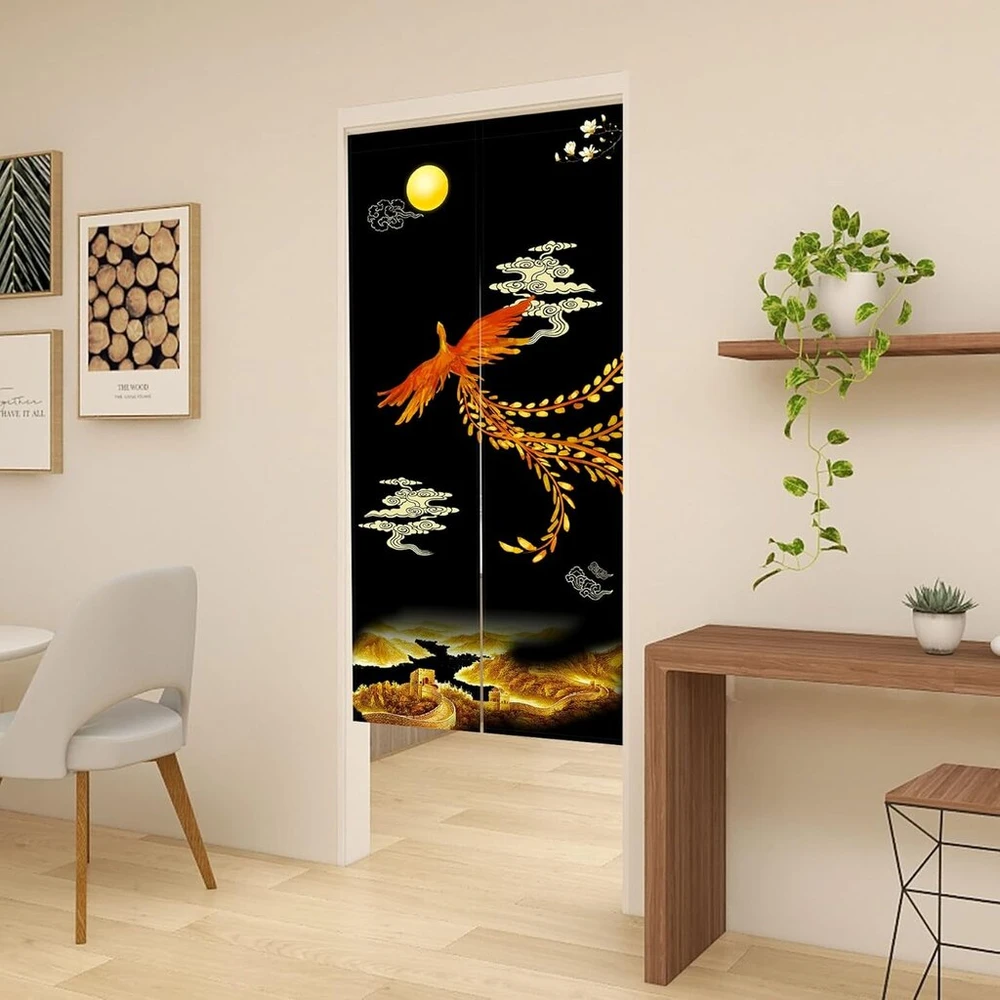 Ligicky Japoniško stiliaus ilga noren užuolaida, stora durų užuolaida, kambario pertvara, gobelenas namų tekstilei, 85 x 180 cm, juoda, feniksas ir didžioji kinų siena