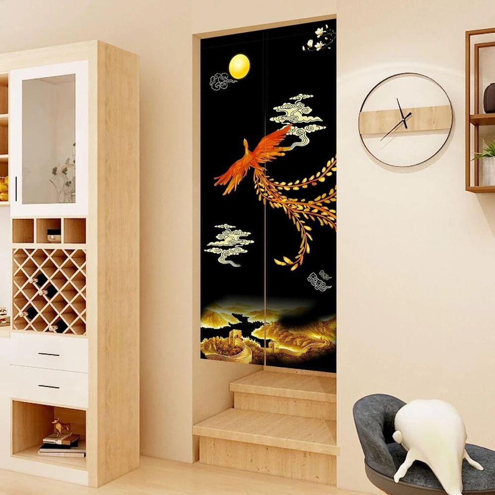 Ligicky Japoniško stiliaus ilga noren užuolaida, stora durų užuolaida, kambario pertvara, gobelenas namų tekstilei, 85 x 180 cm, juoda, feniksas ir didžioji kinų siena