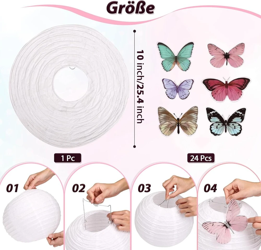 Lihao 25 cm popierinis žibintas su drugeliu, apvalus žibintas, klasikinis bambuko stiliaus gofruotas gaubtas, dekoracija vakarėliui, sodui, vestuvių dekoravimui (baltas)