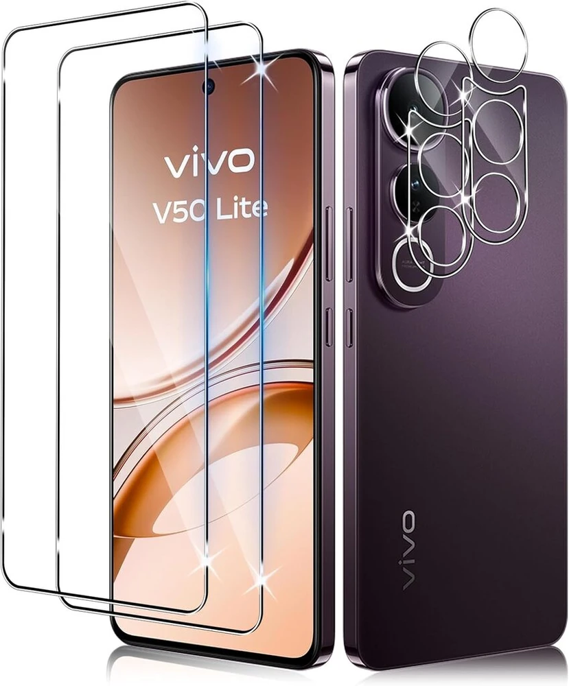 Liilaa Ekrano apsauga, skirta Vivo V50 Lite 4g/5g, grūdintas stiklas, 2 vnt. grūdinto stiklo apsauginė plėvelė su 2 kameros apsaugos dalimis, 9h ekrano apsauga, itin skaidrus apsauginis stiklas