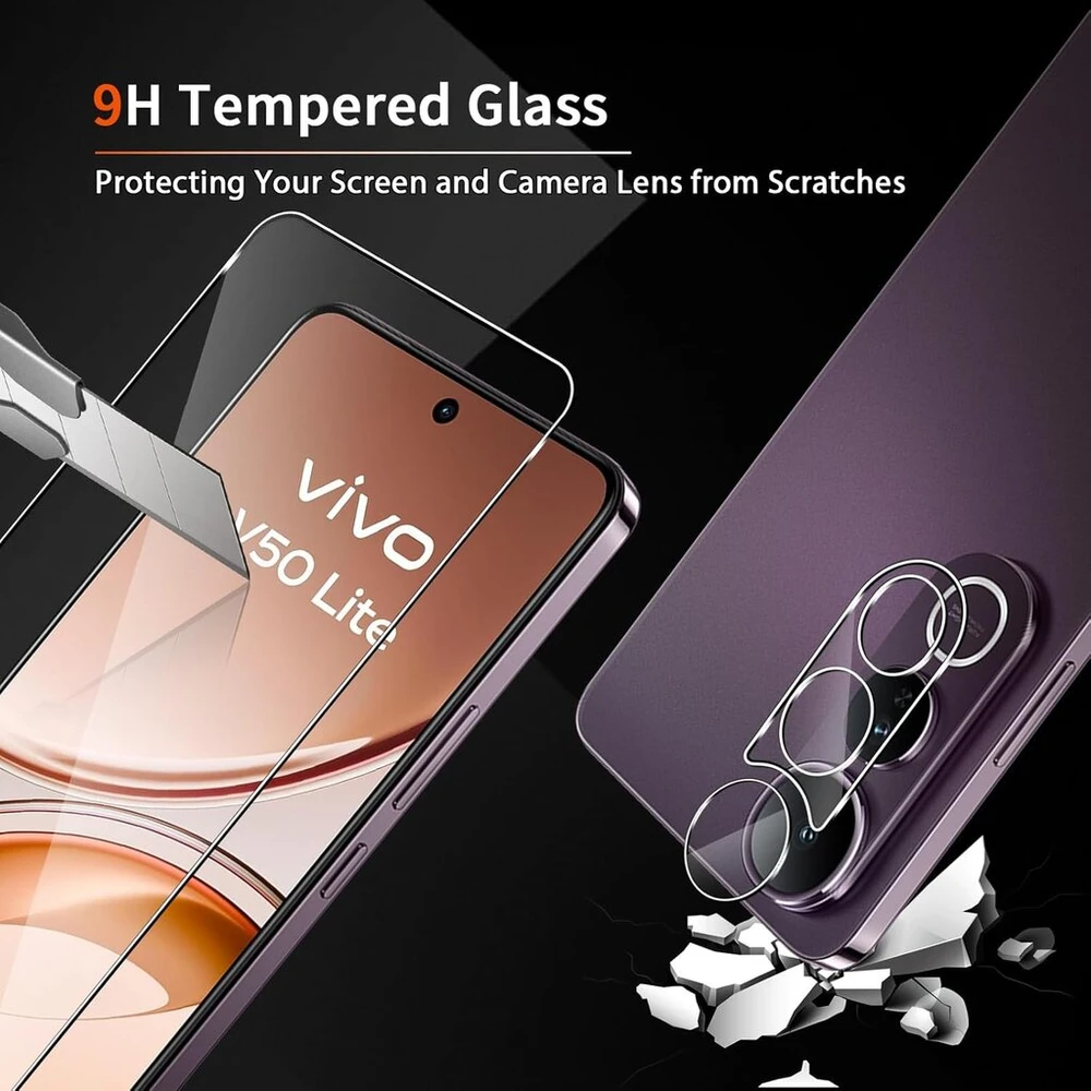 Liilaa Ekrano apsauga, skirta Vivo V50 Lite 4g/5g, grūdintas stiklas, 2 vnt. grūdinto stiklo apsauginė plėvelė su 2 kameros apsaugos dalimis, 9h ekrano apsauga, itin skaidrus apsauginis stiklas