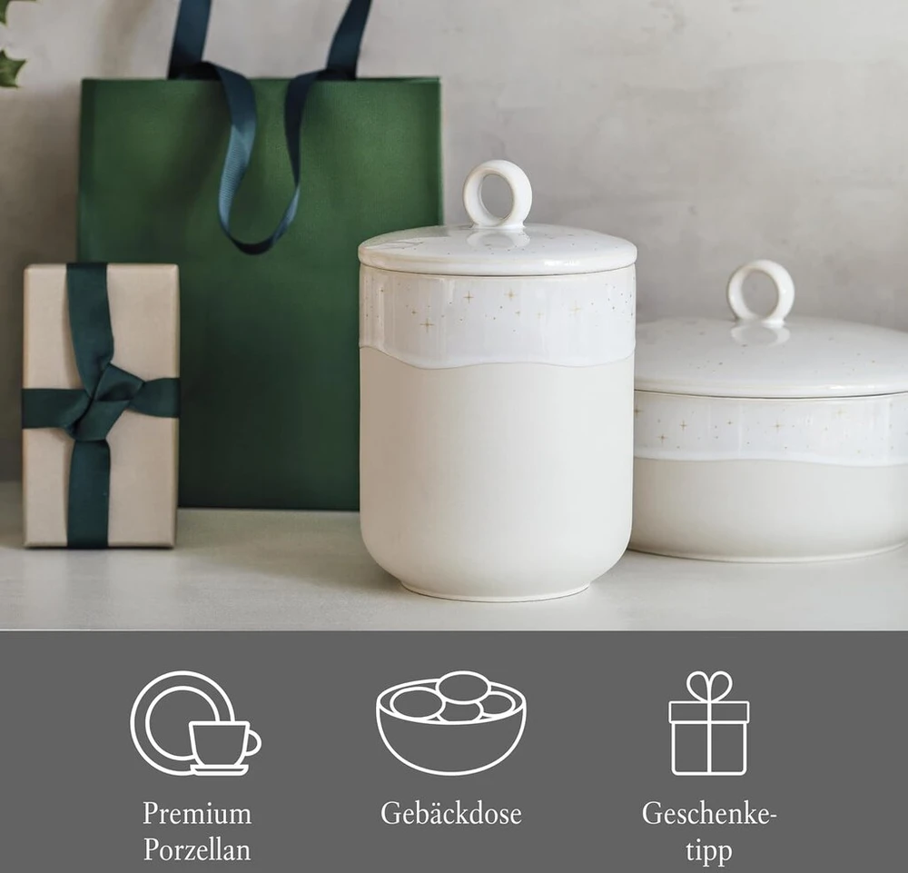 Like. by Villeroy & Boch Winter Glow pailgas indelis, apvalus, smėlio spalvos, tinkamas naudoti mikrobangų krosnelėje, žieminių kepinių indelis, stiklainis, kalėdos, saldainių laikymo indas, sausainių dėžutė, aukščiausios kokybės porcelianas