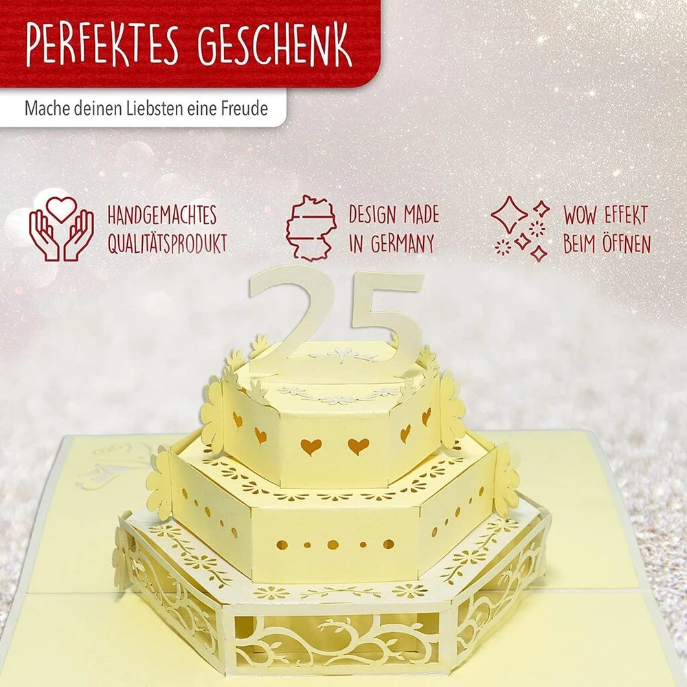 Lin, atšokanti vestuvių atvirutė, 3d sveikinimo atvirutė 25-osioms vestuvių metinėms, sidabrinis vestuvių tortas.