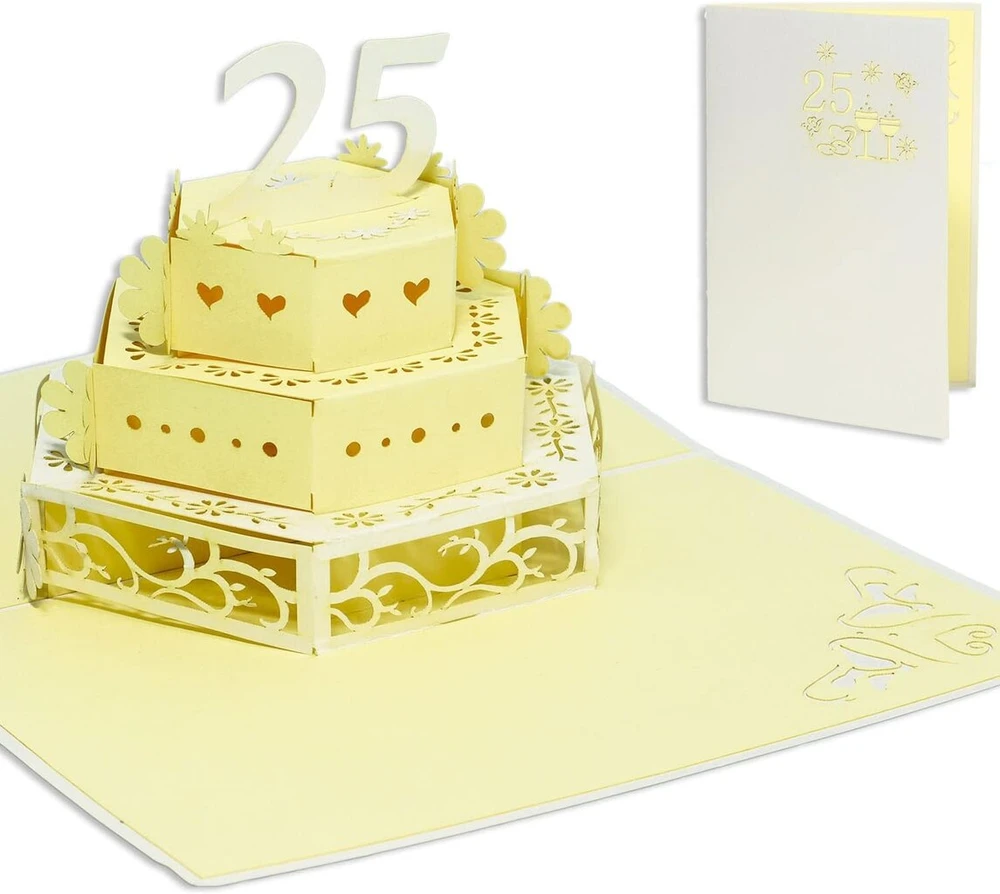 Lin, atšokanti vestuvių atvirutė, 3d sveikinimo atvirutė 25-osioms vestuvių metinėms, sidabrinis vestuvių tortas.