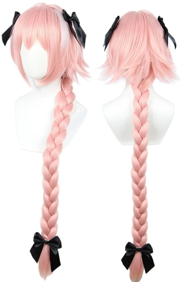 Linfairy ilgas rožinis cosplay perukas su 3 kaspinėliais Helovino kostiumų perukas moterims, plaukų pynė, 95 cm