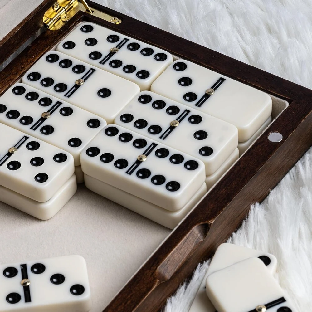 Lingle domino rinkinys - dvigubi 6 domino klasikiniai stalo žaidimai suaugusiems, 28 domino detalės su mediniu dėklu