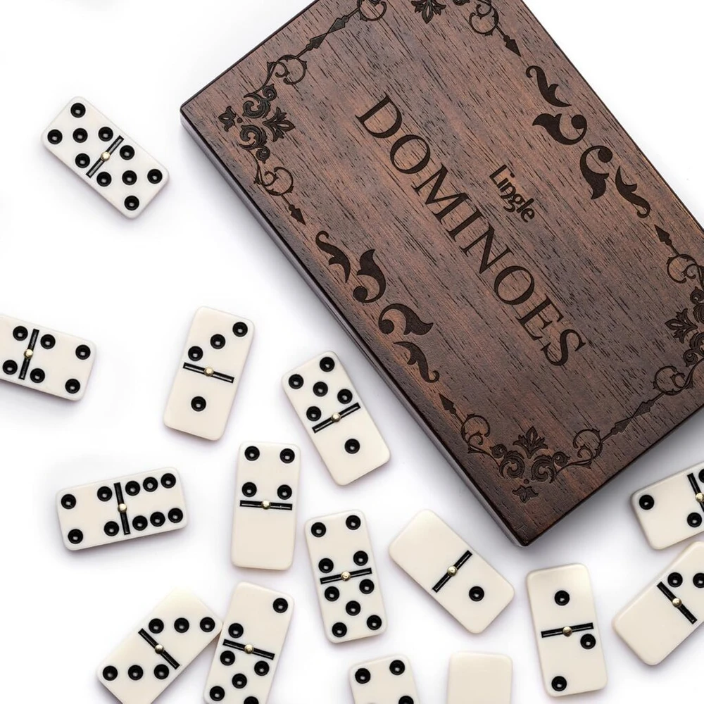 Lingle domino rinkinys - dvigubi 6 domino klasikiniai stalo žaidimai suaugusiems, 28 domino detalės su mediniu dėklu