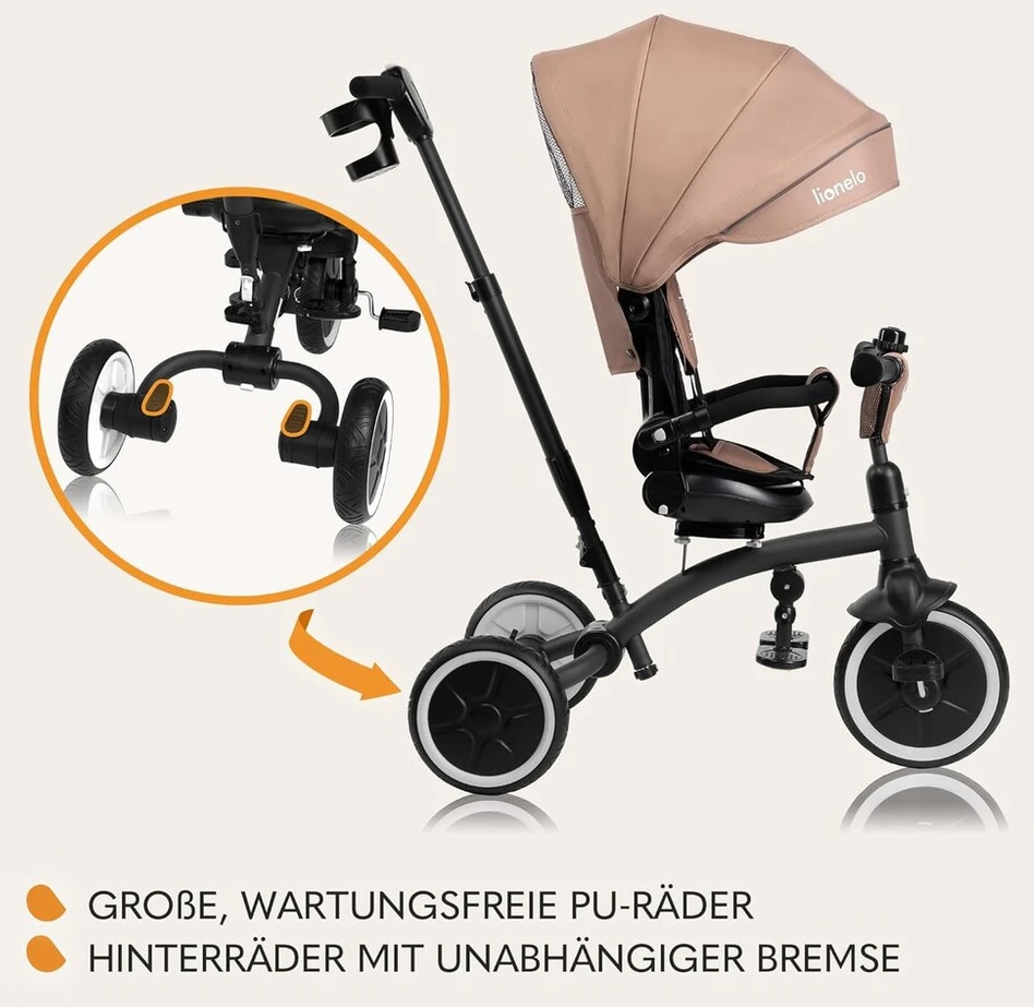 Kelioninis Lionelo Tris Plus daugiafunkcis balansinis triratukas nuo 9 mėnesių iki 5 metų, iki 25 kg, vežimėlis, dideli Pu ratai, pasukama sėdynė, 360° reguliuojamas atlošas, surinkimas be įrankių
