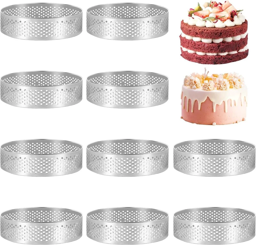 Liseng apvalūs tortų žiedai su skylutėmis, nerūdijančio plieno vaisių pyragams, kišams, tortų muso formelės, virtuvės kepimo formelės, 7 cm (8 cm), 10 vnt.