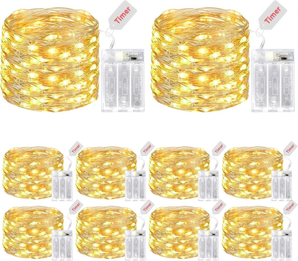 Litogo Led dekoratyvinės lemputės su laikmačiu, 10 vnt., 5 m, 50 mikro Led lempučių ant vielos, maitinamos baterijomis, skirtos vakarėliams, Kalėdų eglutei, Helovino vestuvių dekoracijoms (šilta balta)