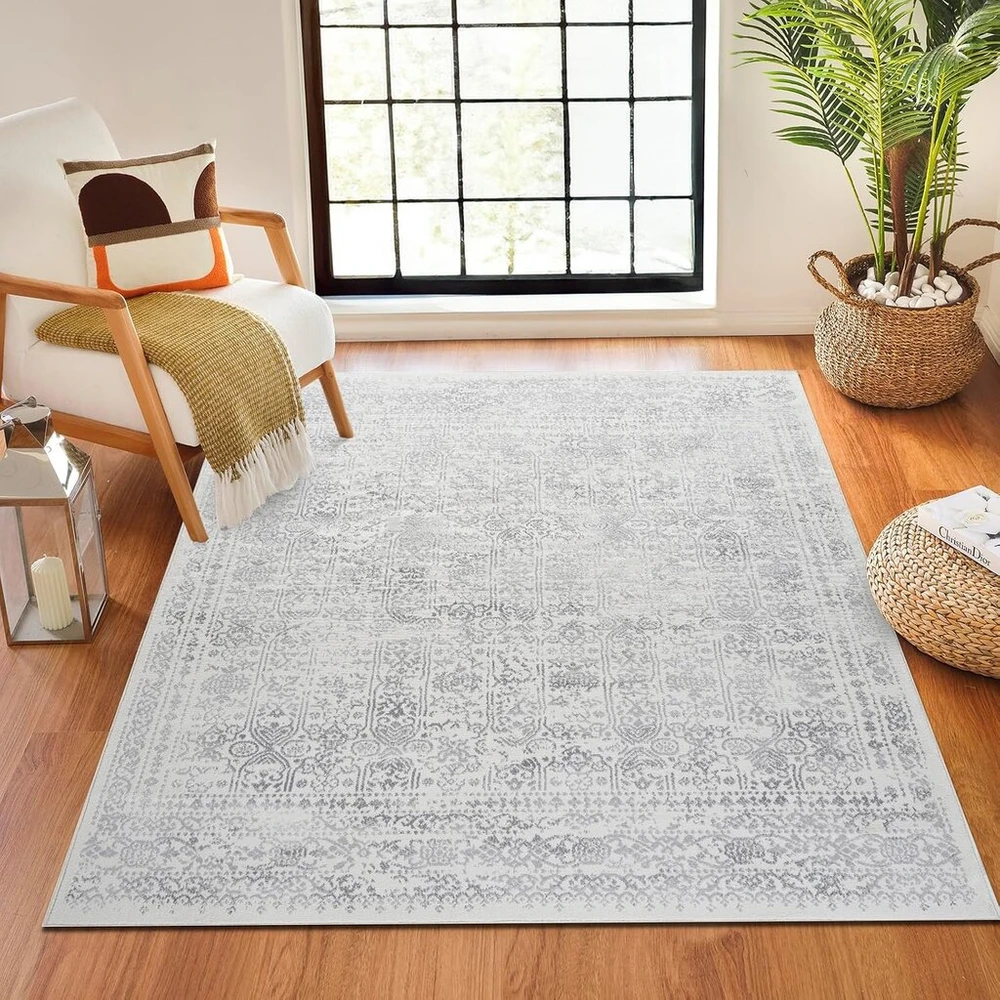 Livabliss Marrakech Vintage didelis kilimas – rytietiškas boho stilius svetainei, valgomajam, miegamajam – 160 x 216 cm, trumpo plauko, lengvai prižiūrimas – pilkos ir kreminės spalvos raštas