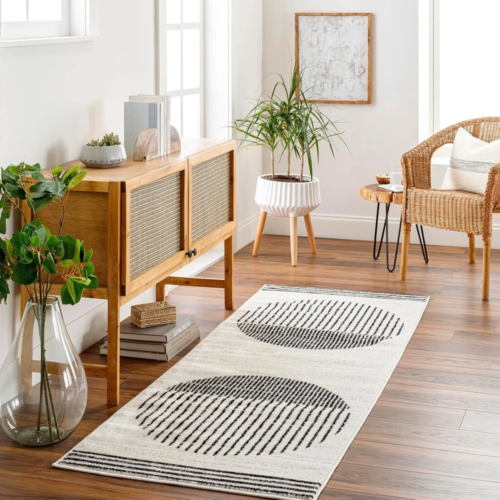 Livabliss Nairobi Boho kilimas svetainei ir miegamajam - 80 x 220 cm, geometrinis raštas, skandinaviškas modernus - dramblio kaulo, kreminės, sidabrinės spalvos