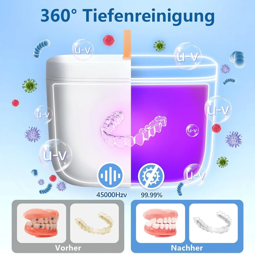 Livofloral Uv ultragarsinis valymo įrenginys dantų protezams, Uv ultragarsinis valiklis 45 khz / 255 ml / 3 laiko funkcijos nešiojamas ultragarsinis įrenginys dantų protezams papuošalams dantų šepetėlio galvutės tiesinimo prietaisui
