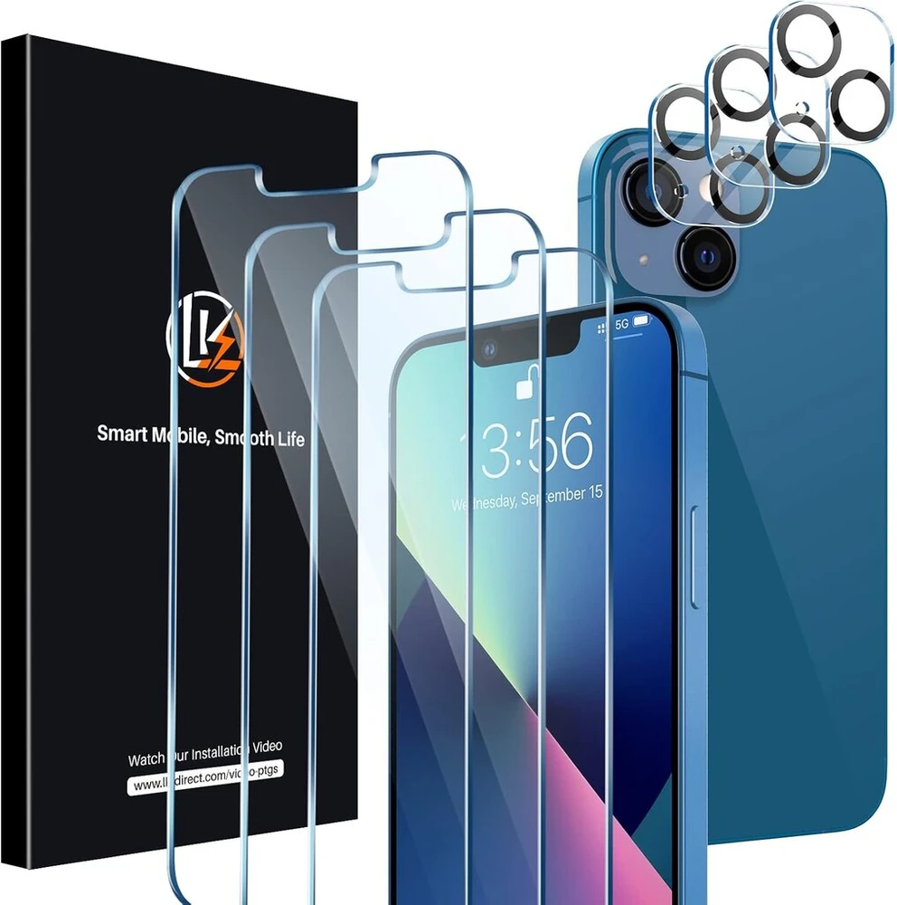 Lk 3+3 ekrano apsaugų rinkinys, skirtas iphone 13 (6.1) ekrano apsaugai, rėmo montavimo pagalba, 3 stiklo plėvelės kameros apsaugai, plėvelė atspari įbrėžimams, 9h kietumo grūdinto stiklo plėvelė, hd ultra clear