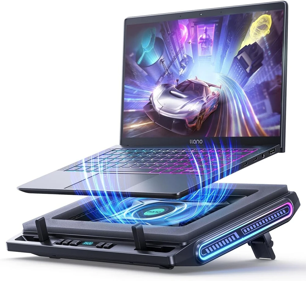 Llano Rgb žaidimų nešiojamojo kompiuterio aušinimo padėklas su galingu 4,72 colio išoriniu turbo aušinimo ventiliatoriumi, greitas aušinimas kompiuteriams ir nešiojamiesiems kompiuteriams 13-17,3 colio, valdymas mygtukais, 3 reguliuojami stovai, 4 prievad