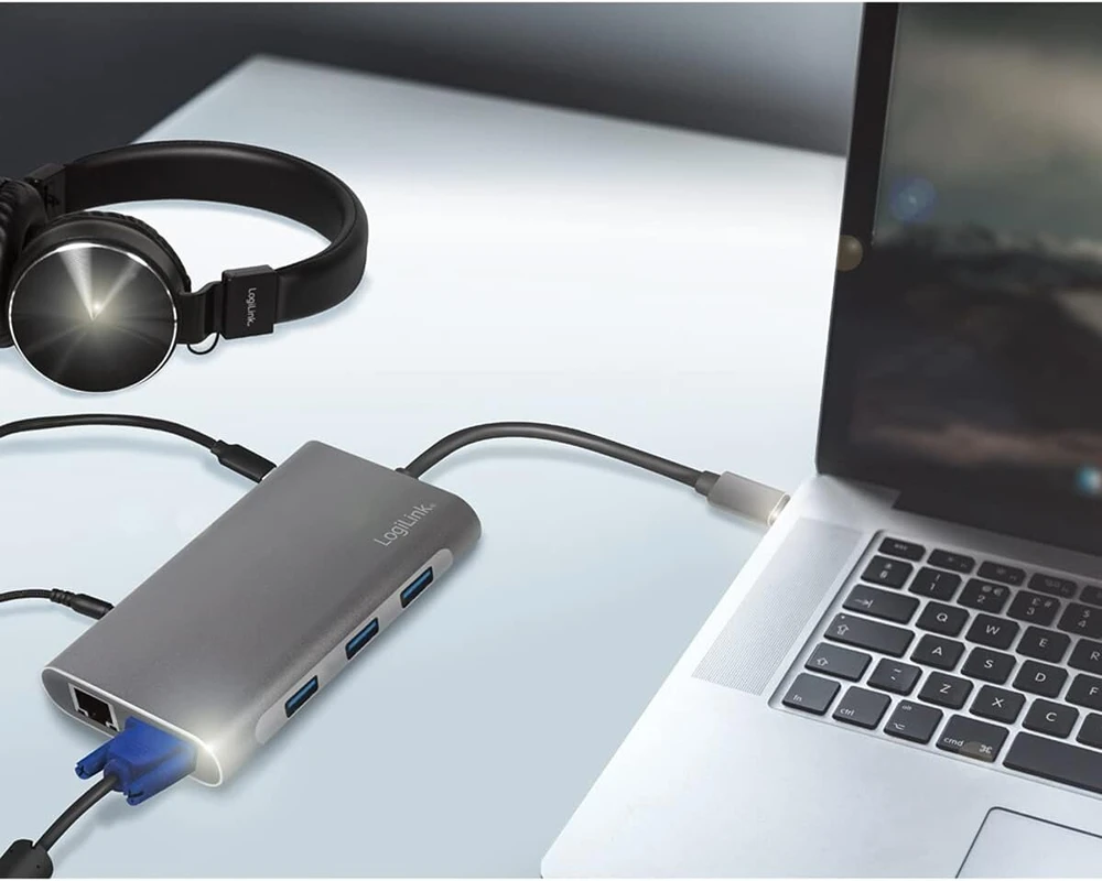 Logilink Ua0383 - usb 3.2 (gen 1) doko stotis su 10 prievadų ir pd (power delivery) 100 w, 1 x usb-c (pd) / 3 x usb 3.0 / 1 x hdmi / 1 x vga / 1 x rj45 / 1 x microsd / 1 x sd / 1 x 3.5 mm audio /