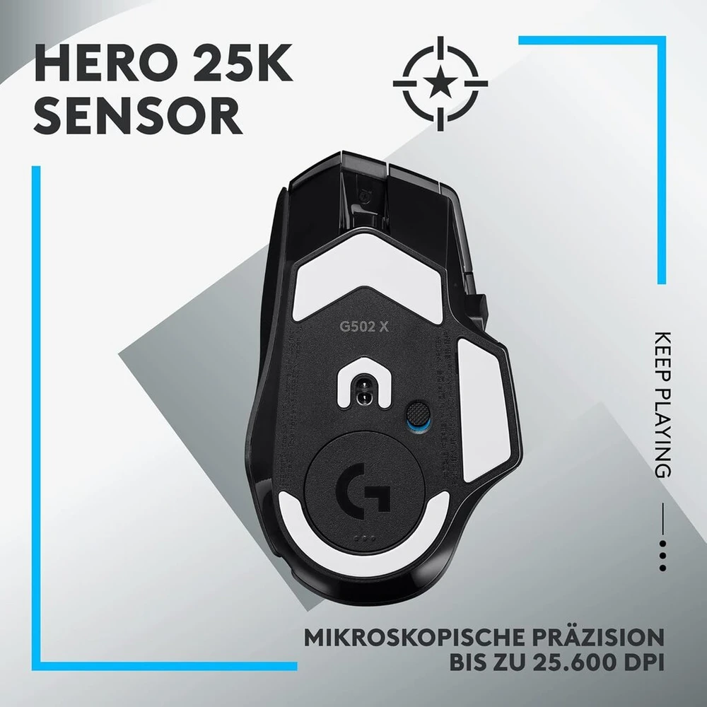 Kilimėlis Logitech G 502 x Lightspeed belaidė žaidimų pelė - optinė pelė su optiniais mechaniniais Lightforce hibridiniais jungikliais, Hero 25k žaidimų jutiklis, suderinama su Pc - Macos/windows - juoda