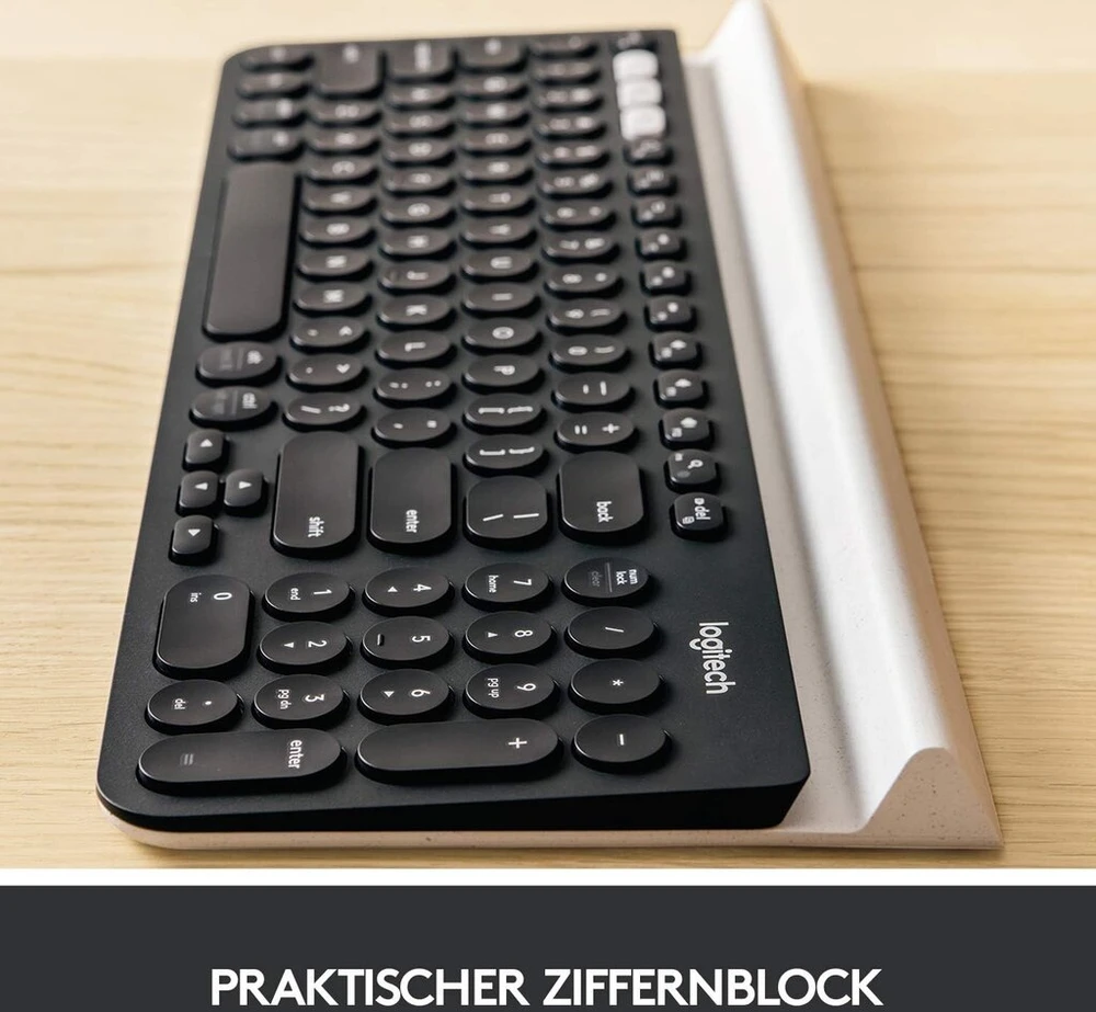 Logitech K780 belaidė klaviatūra, Bluetooth ir 2,4 Ghz jungtis, kelių įrenginių ir Easy-switch funkcija, integruotas laikiklis, Pc / Mac / planšetinis kompiuteris / išmanusis telefonas, vokiškas Qwertz išdėstymas - tamsiai pilka / balta