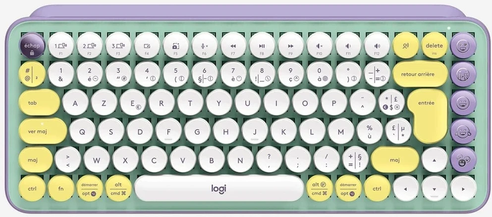 Logitech Pop Keys mechaninė belaidė klaviatūra su pritaikomais jaustukų klavišais, prancūziškas Azerty išdėstymas - žalia/violetinė