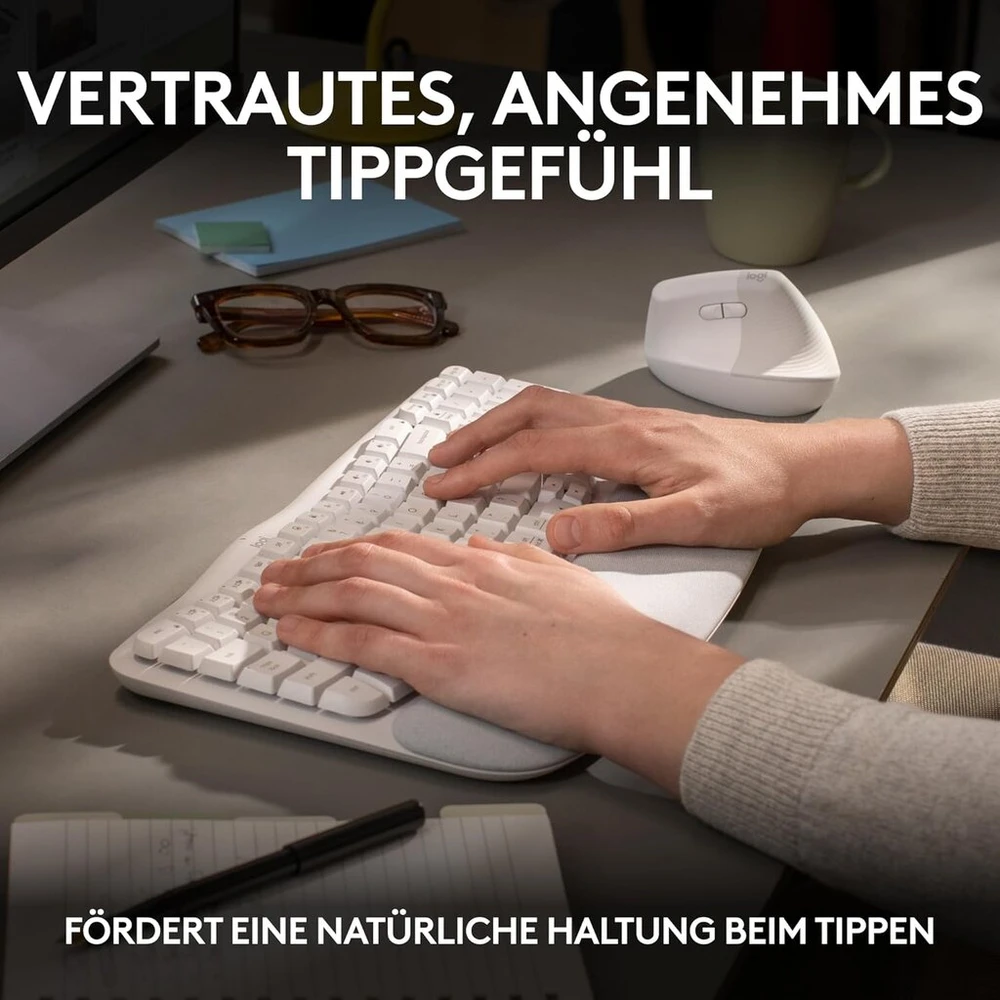Logitech Wave Keys belaidė ergonominė klaviatūra, paminkštintas riešo atlošas, patogus natūralus rašymas, Easy Switch, Bluetooth, Logi Bolt, Multi-os, Windows/mac, vokiškas Qwertz išdėstymas, balta