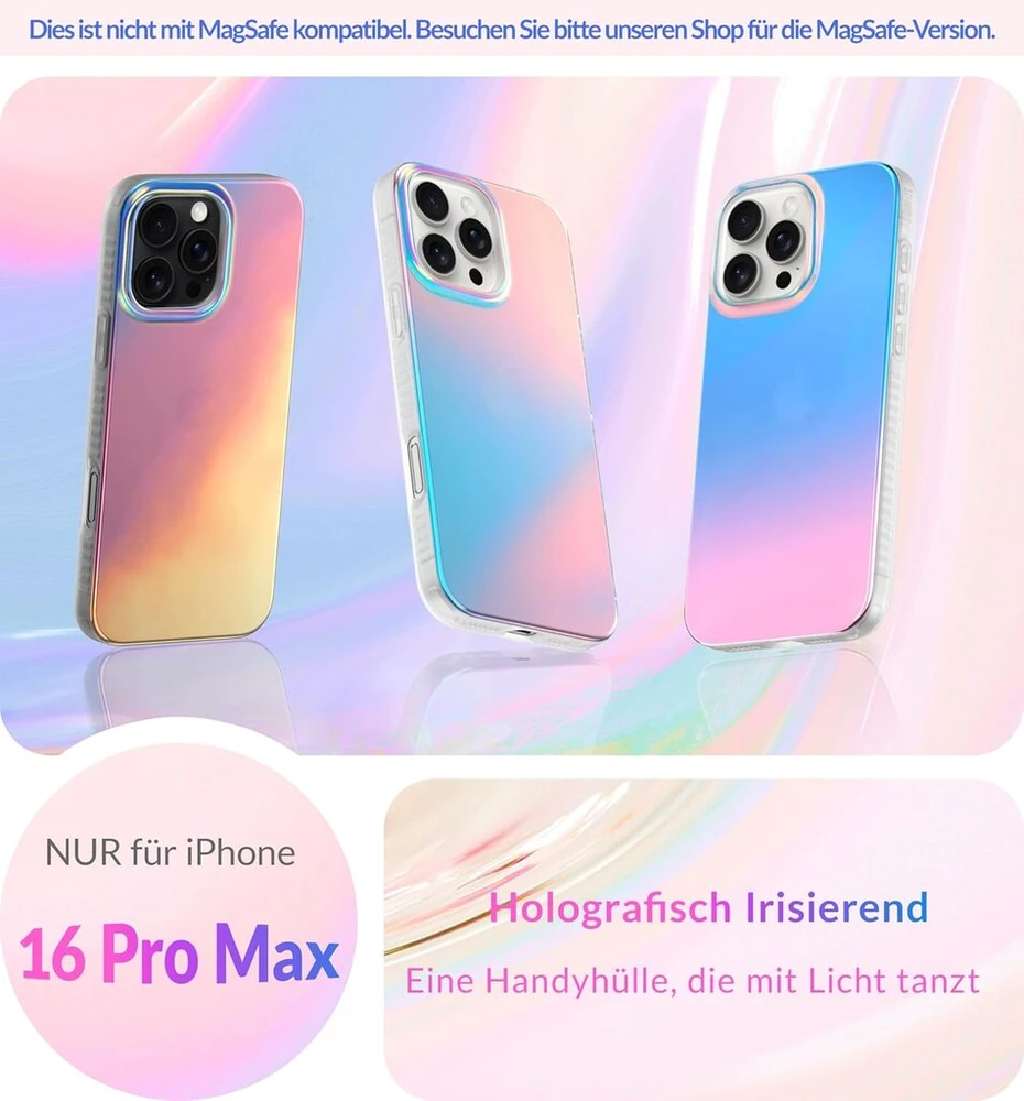 Lonli Hue - skirtas iphone 16 pro max dėklui - holografinis vaivorykštinis telefono dėklas - mielas, unikalus ir estetiškas mobiliojo telefono dėklas - [4 oro pagalvėlės kampuose]
