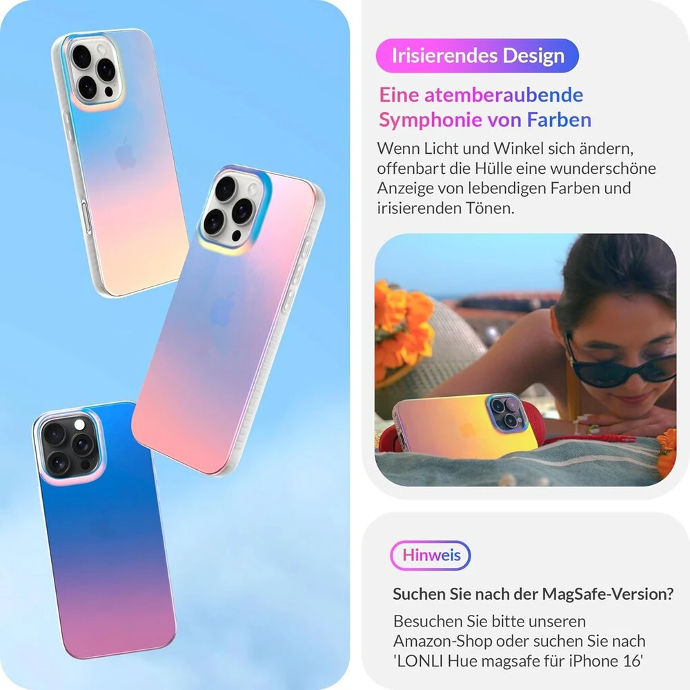 Lonli Hue - skirtas iphone 16 pro max dėklui - holografinis vaivorykštinis telefono dėklas - mielas, unikalus ir estetiškas mobiliojo telefono dėklas - [4 oro pagalvėlės kampuose]