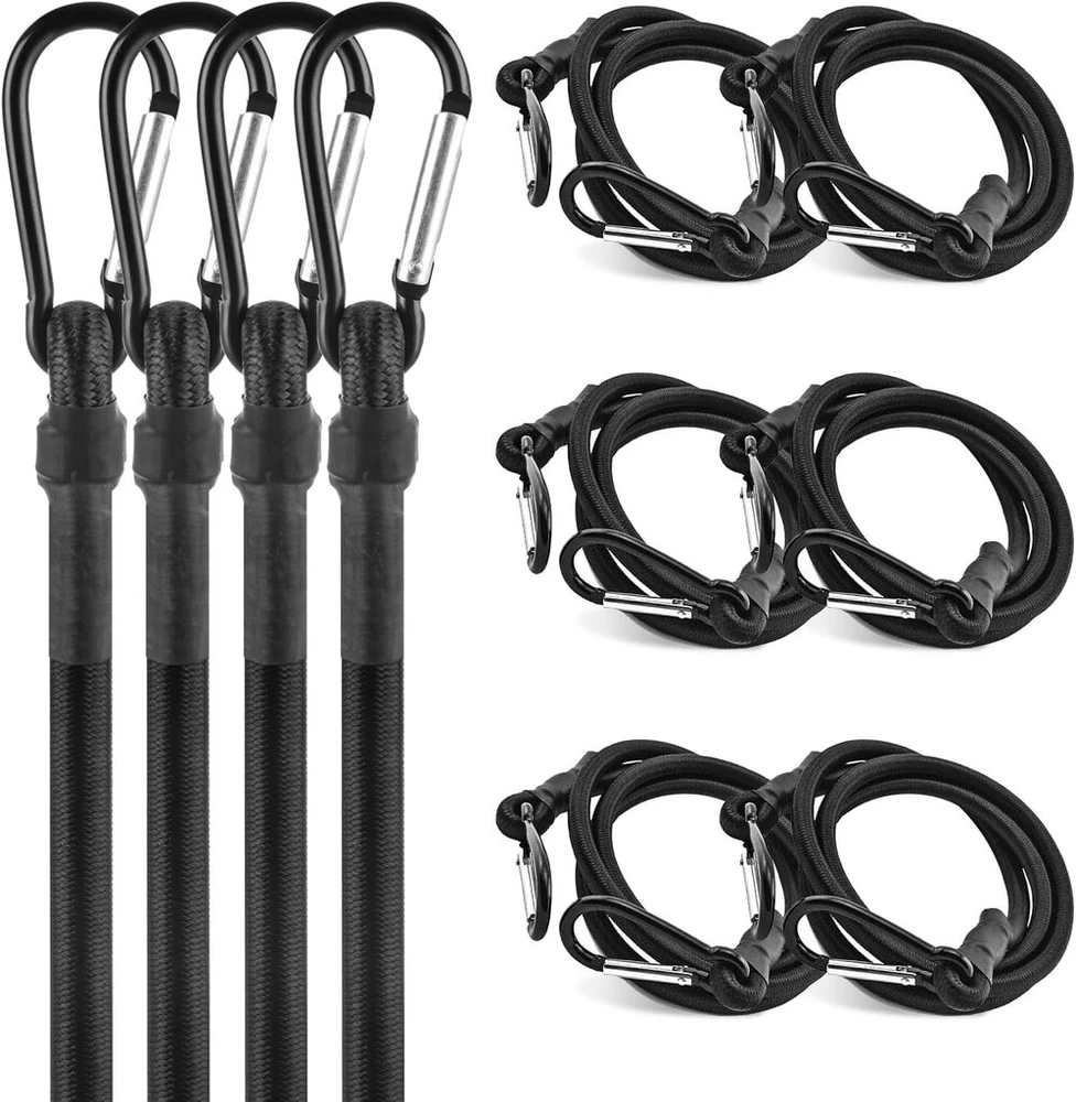 Lopyxbr 10 elastinių diržų su karabinais pakuotė, 100 cm guminis įtempiklis su kabliu, juoda guminė juosta su kabliais, latekso įtempimo virvė su kabliais, skirta stovyklavimui, bagažui, kelionėms, tentams, automobilio kroviniams