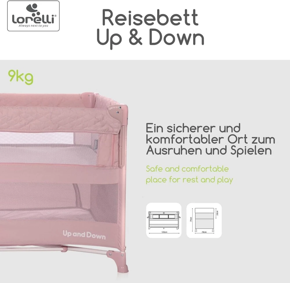 Lorelli Up and Down 3-in-1 vaikiška lovelė, šoninė lovelė ir maniežas, lovelė su 2 lygiais, šoninis įėjimas ir sulankstoma šoninė sienelė, kelioninė vaikiška lovelė, rožinė