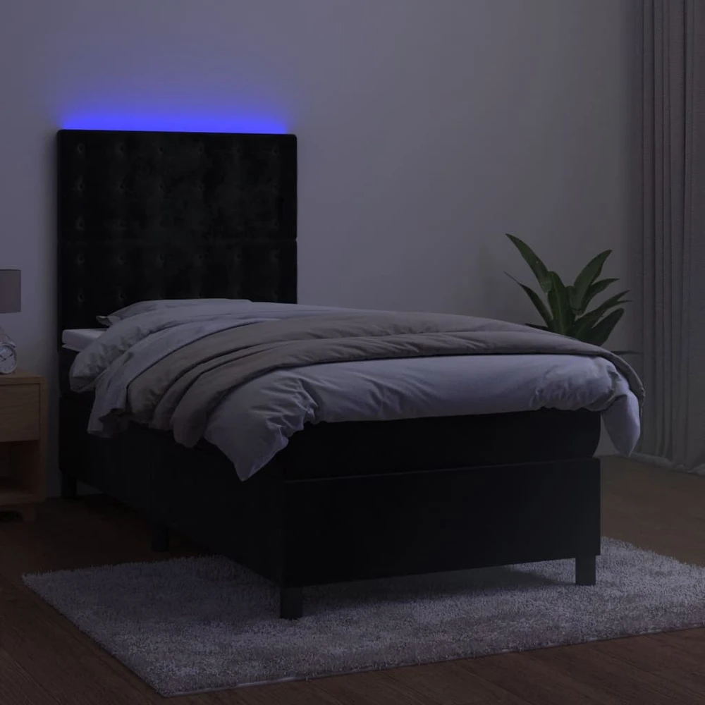 Lova su spyruoklėmis/čiužiniu/LED, juoda, 90x200cm, aksomas