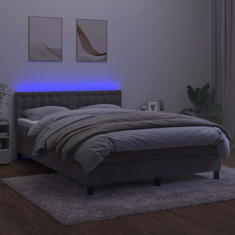 Lova su spyruokliniu/čiužiniu/LED, šviesiai pilka, 140x190 cm, aksomas