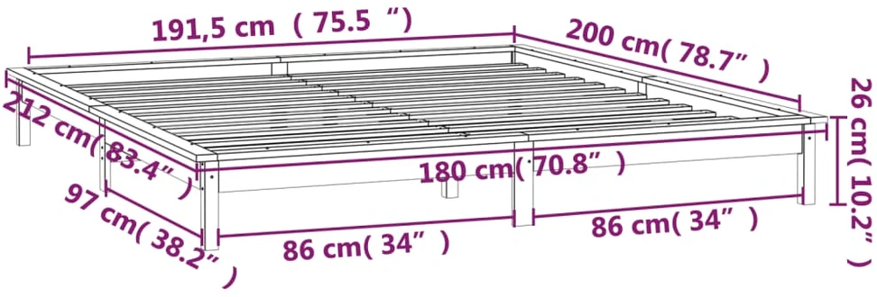 Lova Lovos rėmas su LED, baltas, 180x200cm, mediena, itin didelis