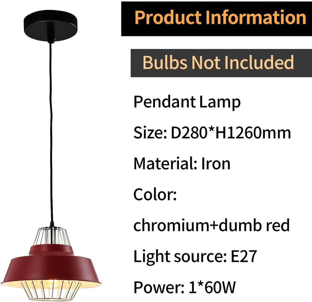 Lqwell® modernus pakabinamas šviestuvas E27, minimalistinis industrinis pakabinamas šviestuvas, vintažinis pakabinamas šviestuvas virtuvei, svetainei, miegamajam, valgomajam, kavinėms, metalinis sietynas, lubinis šviestuvas, matinė raudona