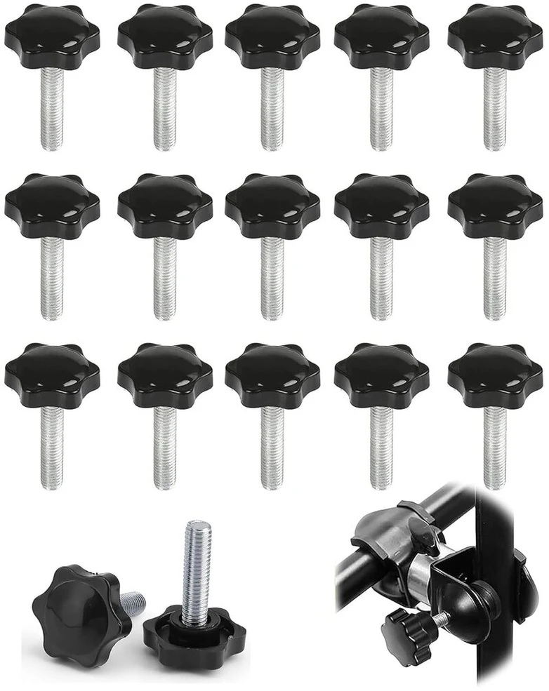 Ltsbaed žvaigždės formos varžtas M6 x 40 mm, 15 vnt. pakuotė, rievėtas varžtas su plastikine rankena, žvaigždės formos rankenėlės sriegio tvirtinimo rankenėlė, rievėti varžtai, anglinis plienas, juodas, skirtas pramoninei įrangai