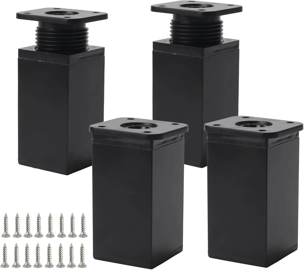 Fotelis Luabue 4 vnt. baldų kojelių rinkinys, reguliuojamos, 8 cm, metalinės baldų kojelės, atsarginės baldų kojelės, juodos kvadratinio profilio kojelės baldams su varžtais sofai, spintelei, lovai, stalui, kėdei (juodos, 8 cm)
