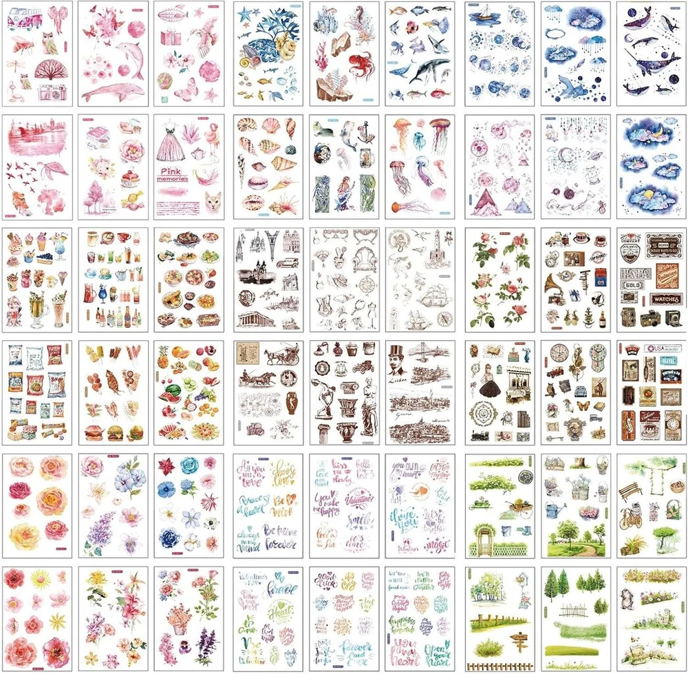 Luabue 54 vnt. scrapbooking lipdukų dekoratyviniai lipdukai su įvairiais raštais, skirti albumams, užrašinėms, dienoraščiams, nuotraukų albumams, kalendoriams, "pasidaryk pats" dekoracijoms, kulkų žurnalams