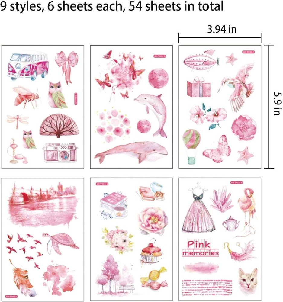 Luabue 54 vnt. scrapbooking lipdukų dekoratyviniai lipdukai su įvairiais raštais, skirti albumams, užrašinėms, dienoraščiams, nuotraukų albumams, kalendoriams, "pasidaryk pats" dekoracijoms, kulkų žurnalams