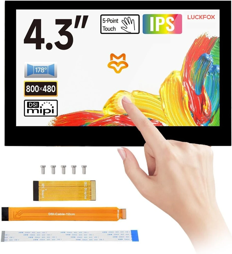 Monitorius Luckfox raspberry pi 5 jutiklinis ekranas - 4.3 colių dsi ekranas, skirtas pi 5/4b/cm4/cm3, palaiko 3d spausdinimą, talpinis jutiklinis 800 x 480, 178° žiūrėjimo kampas, grūdinto stiklo lcd panelė raspberry ekranui
