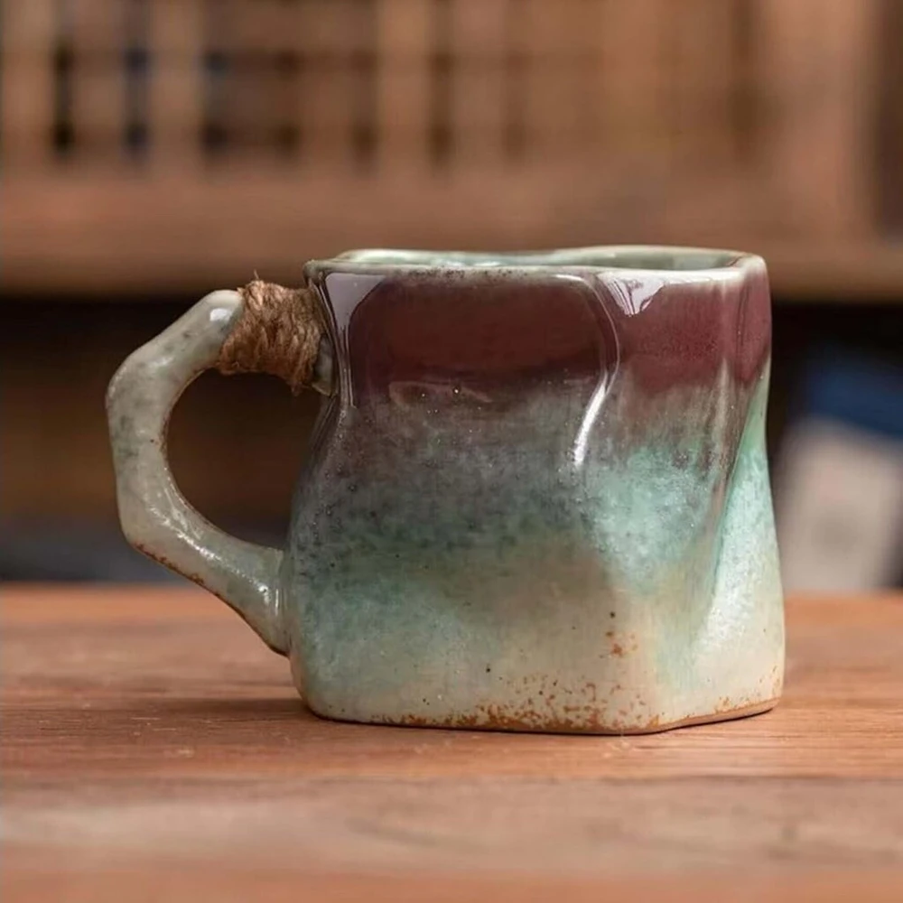 Lucky Cups rustic keramikinis puodelis, smėlio-mėlynas, keramikinis puodelis, 300 ml, kavos puodelis, arbatos puodelis, gėrimo puodelis, arbata, kava (žalia-raudona)