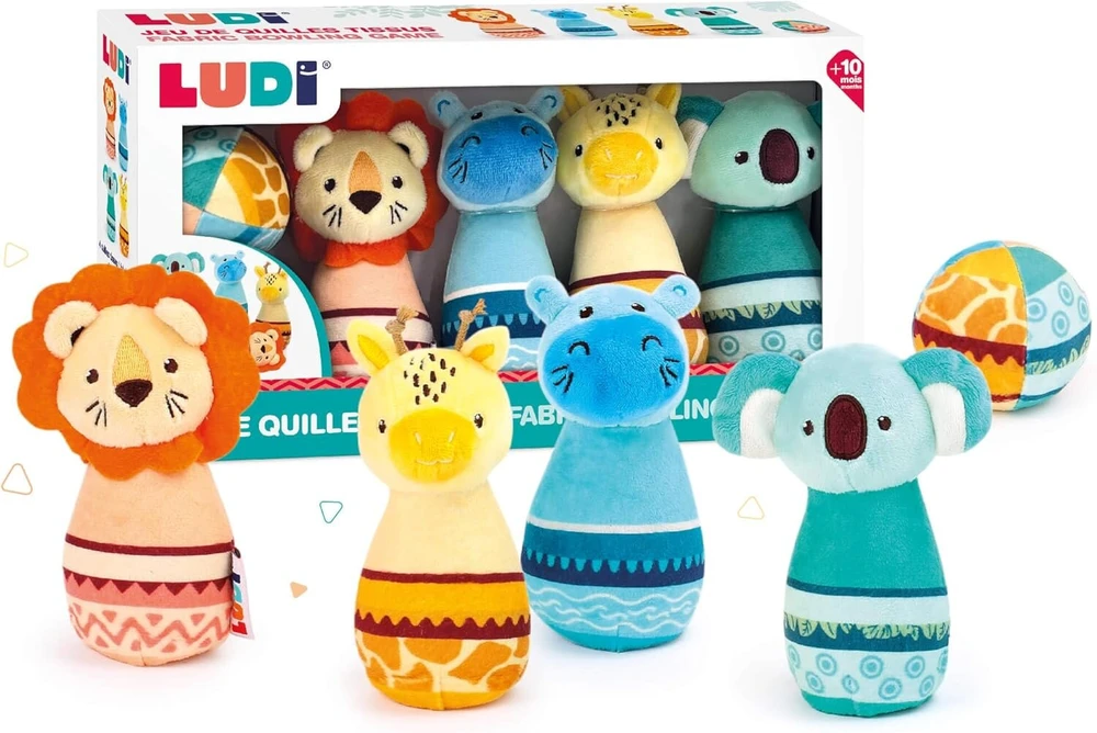 Ludi - medžiaginis kūgis - žaislas ropojimui - boulingo žaidimas - minkšta medžiaga - stabilus - tylus - nuo 10 mėnesių - 1 kamuolys ir 4 pasverti kūgiai - 1 liūtas, 1 hipopotamas, 1 koala, 1 žirafa - 6 x 6 x 14 cm