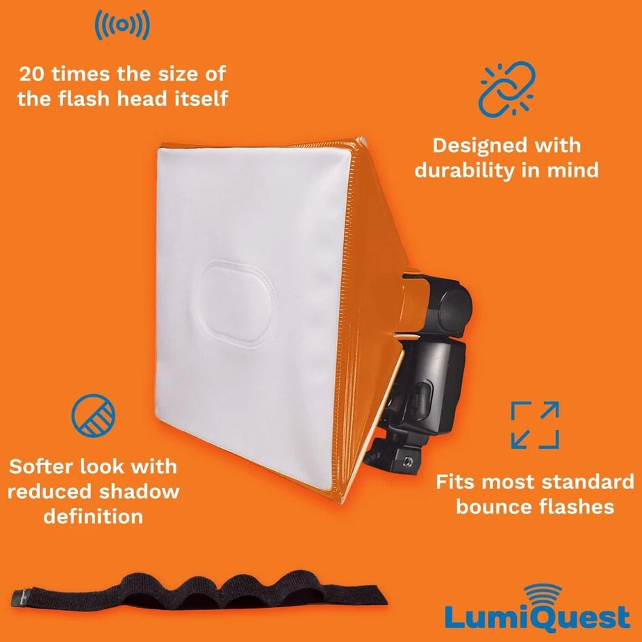Lumiquest Softbox Iii Lq-119s, blykstės difuzorius ir šviesos minkštiklis, universalus klasikinis dizainas išorinėms fotoaparatų blykstėms su Ultrastrap, neoninė oranžinė
