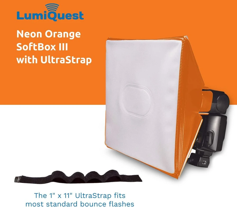 Lumiquest Softbox Iii Lq-119s, blykstės difuzorius ir šviesos minkštiklis, universalus klasikinis dizainas išorinėms fotoaparatų blykstėms su Ultrastrap, neoninė oranžinė