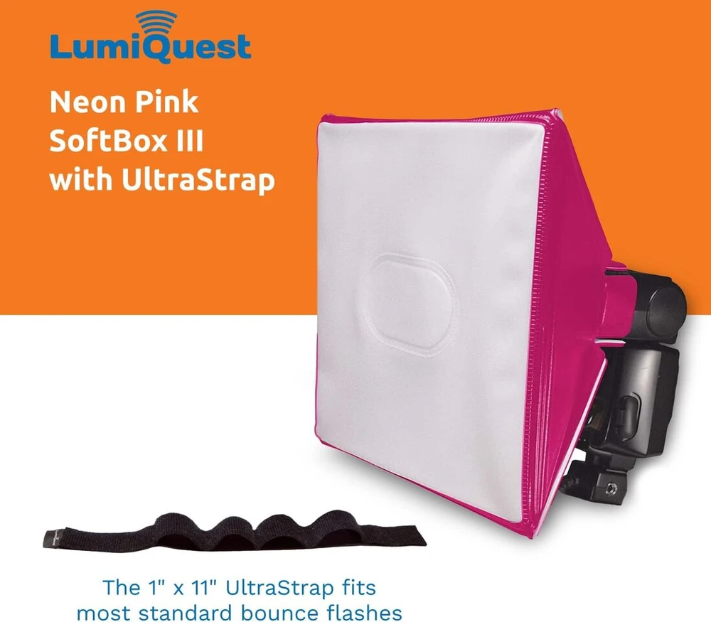 Lumiquest Softbox Iii Lq-119s blykstės difuzorius ir šviesos minkštiklis, universalus klasikinis dizainas išorinėms fotoaparatų blykstėms su Ultrastrap, neoninė rožinė