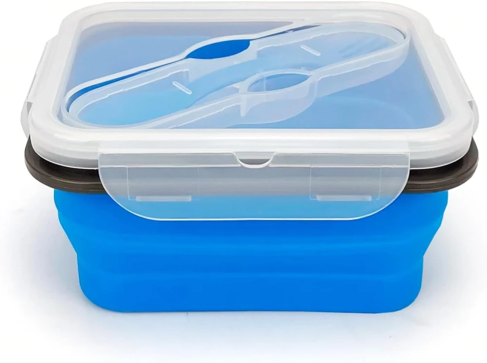 Lunbengo Maži Sulankstomi Maisto Indeliai Stovyklavimui 700ml Sulankstoma Bento Dėžutė Silikoninė Pietų Dėžutė Sulankstomi Maisto Laikymo Indeliai su 2-in-1 Indais ir Sandariu Dangteliu, Mėlyna