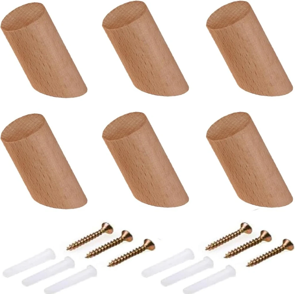 Lwzko 6 medinių pakabų rinkinys, natūralios sieninės pakabos, bukas, minimalistinės universalios kepurių pakabos svetainei, prieškambariui, skirtos kabinti paltus, kepures ir kt. (3 x 10 cm)