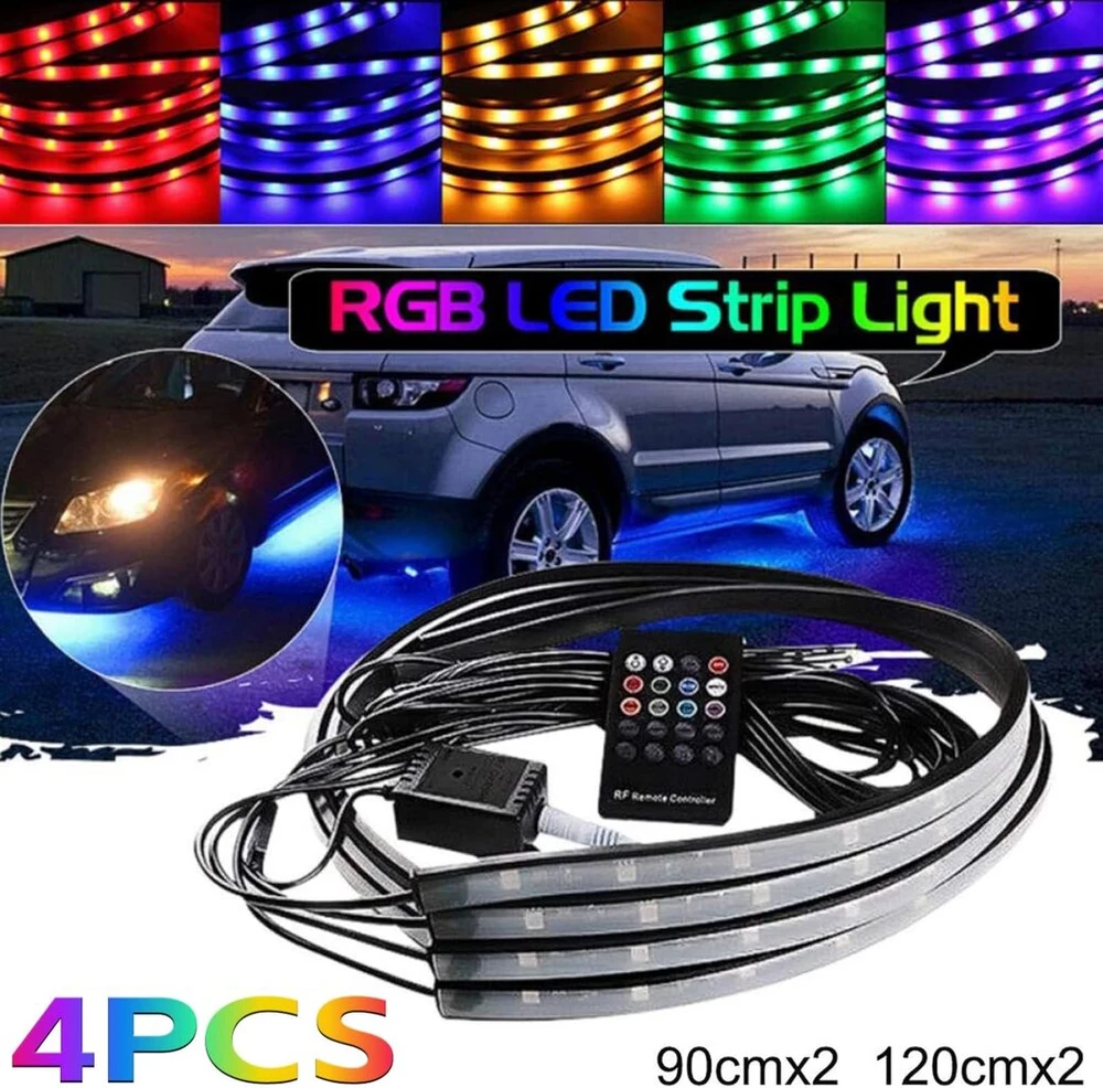 Lychee 7 spalvų led automobilio dugno neoninių šviesų rinkinys su garso aktyvavimo funkcija ir belaidžiu nuotolinio valdymo pulteliu (36" x 2 ir 24" x 2)