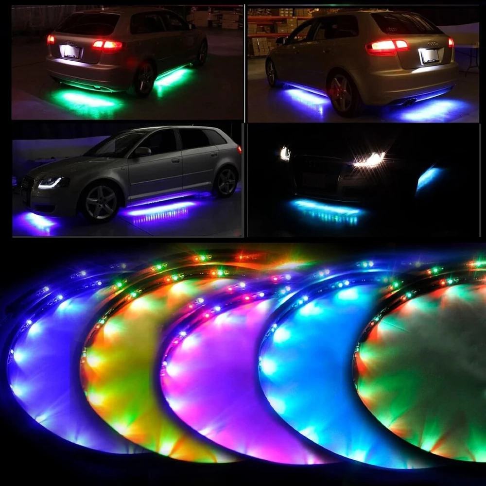 Lychee 7 spalvų led automobilio dugno neoninių šviesų rinkinys su garso aktyvavimo funkcija ir belaidžiu nuotolinio valdymo pulteliu (36" x 2 ir 24" x 2)
