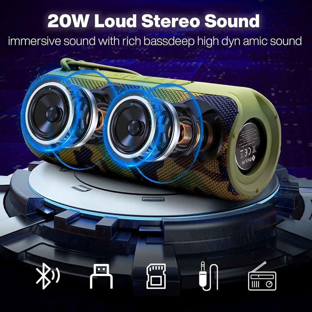Kompiuterio kolonėlės M Mu Bluetooth kolonėlė, bluetooth dėžutė su galingu bosu, atspari vandeniui ir dulkėms, 360 laipsnių žemų dažnių garsiakalbis, 3600 Mah ilgo veikimo baterija, dvigubas stereo susiejimas, led lemputė, karinis paketas, 1 vnt.