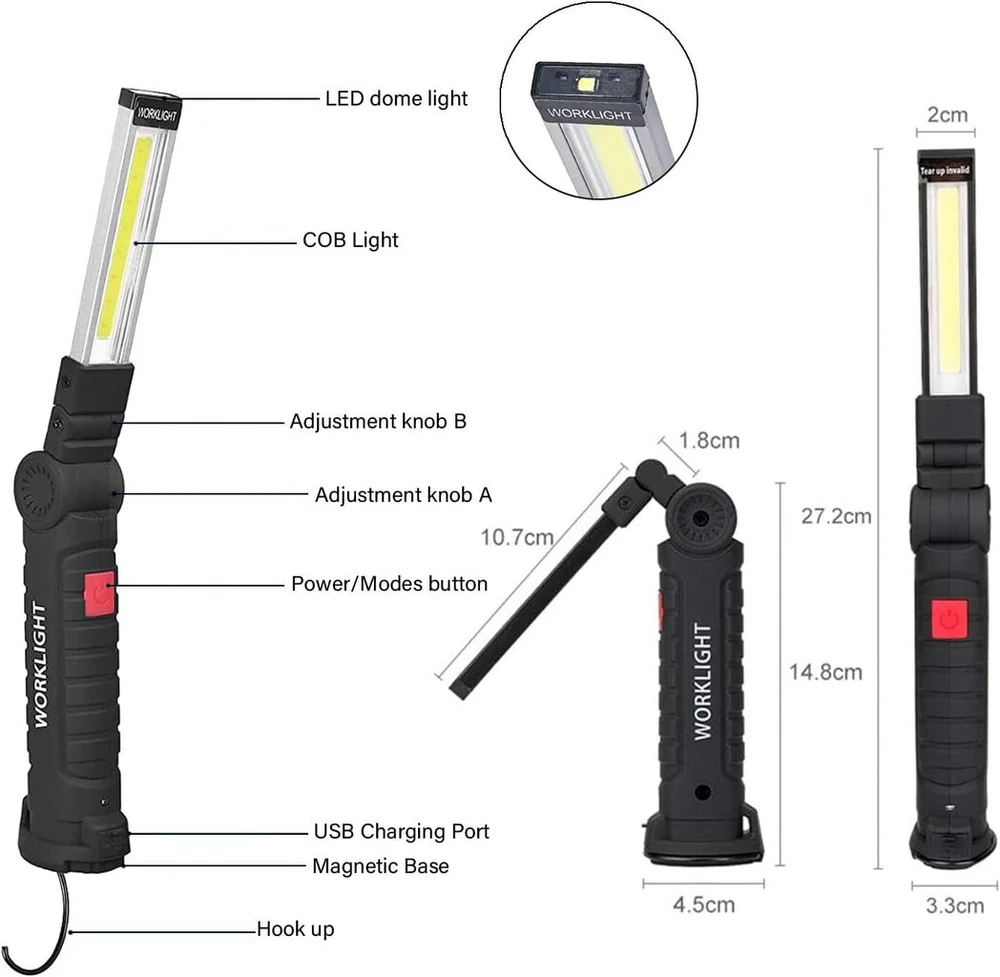 M Mu Led žibintuvėlių rinkinys 2 vnt. su Usb-c, 360° besisukanti darbo lemputė su magnetu ir kabliuku - dirbtuvių lempa automobiliui, stovyklavimui, avariniams atvejams - dovana vyrams (cob lemputė, 5 režimai)
