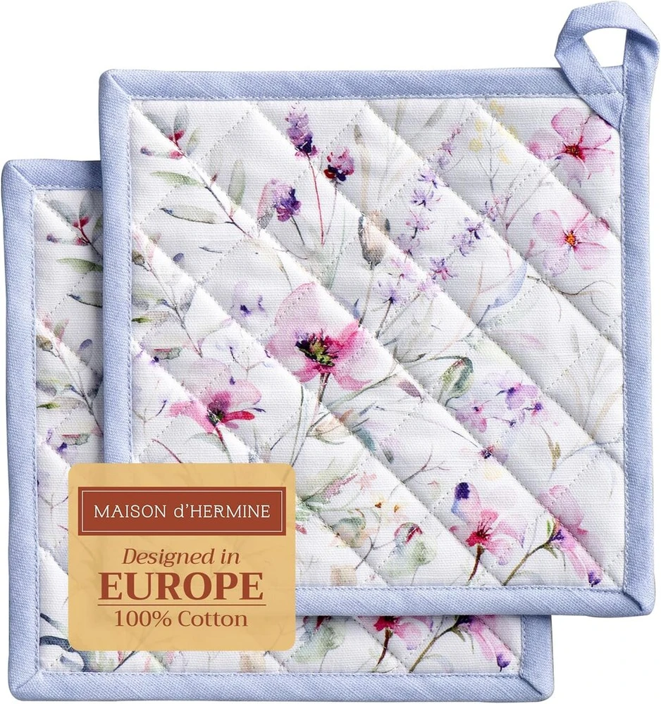 Rankšluostis Maison d' Hermine medvilninės puodų laikiklių rinkinys iš 2 vnt. (20 cm x 20 cm) Velykiniai karščiui atsparūs padėkliukai su kaspinėliu kepimui, kepsniams, namams, vasaros gėlės - pavasaris/vasara