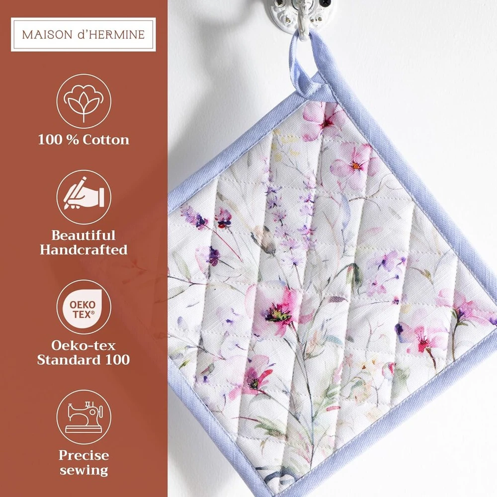 Rankšluostis Maison d' Hermine medvilninės puodų laikiklių rinkinys iš 2 vnt. (20 cm x 20 cm) Velykiniai karščiui atsparūs padėkliukai su kaspinėliu kepimui, kepsniams, namams, vasaros gėlės - pavasaris/vasara